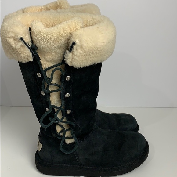 UGG lace up black sheepskin knee high flat…
